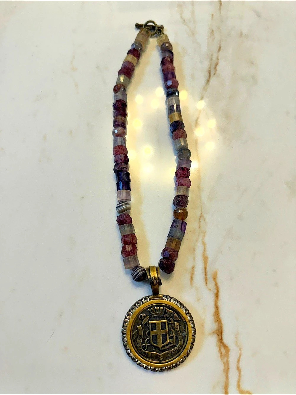 French Kande Fabre Medallion Beaded Necklace Brown Beaded Pendant Necklace Like
